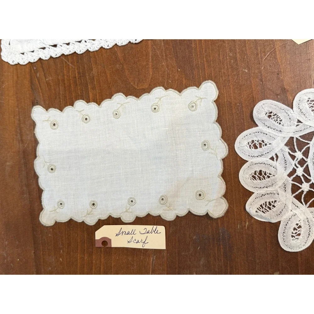 Vintage Battenberg Lace and Crocheted Linen Table Scarf Doily Set 4pc White